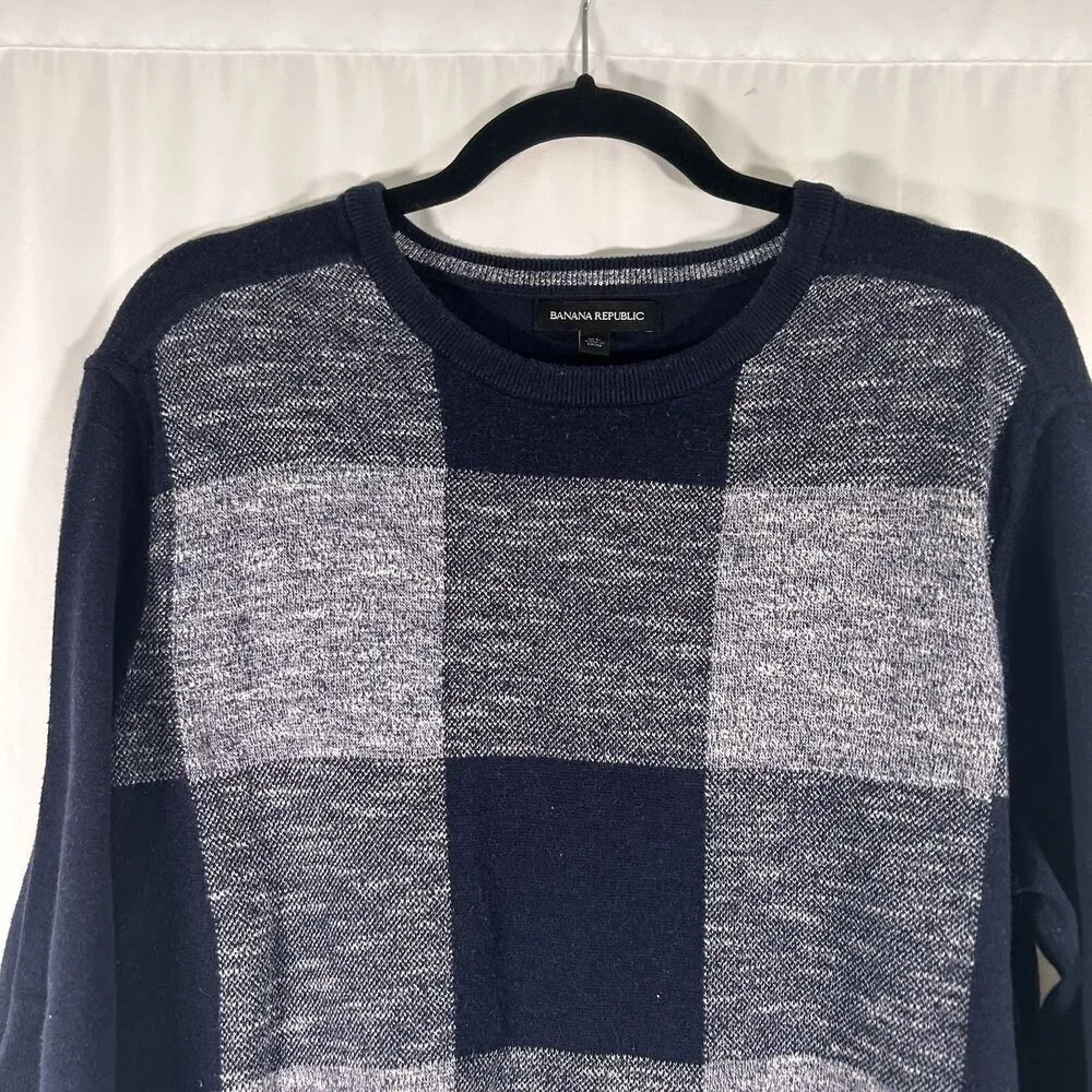 Banana Republic Linen Wool Sweater Men's XL Blue Plaid Long Sleeve Crew Pullover